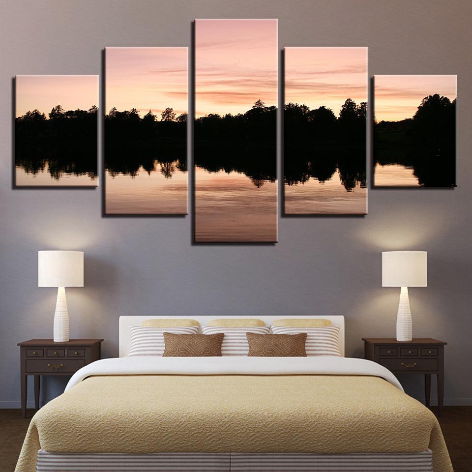 Trees Reflected In The Lake 5 Piece HD Multi Panel Canvas Wall Art Frame-Original Frame