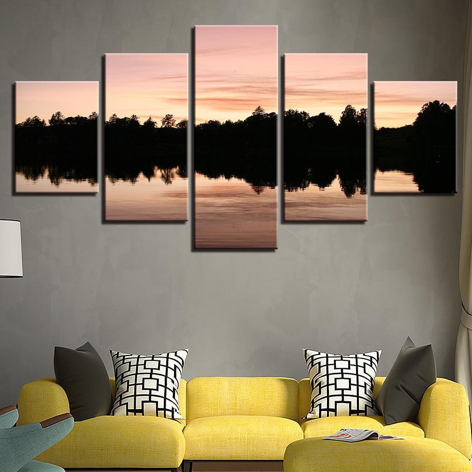 Trees Reflected In The Lake 5 Piece HD Multi Panel Canvas Wall Art Frame-Original Frame
