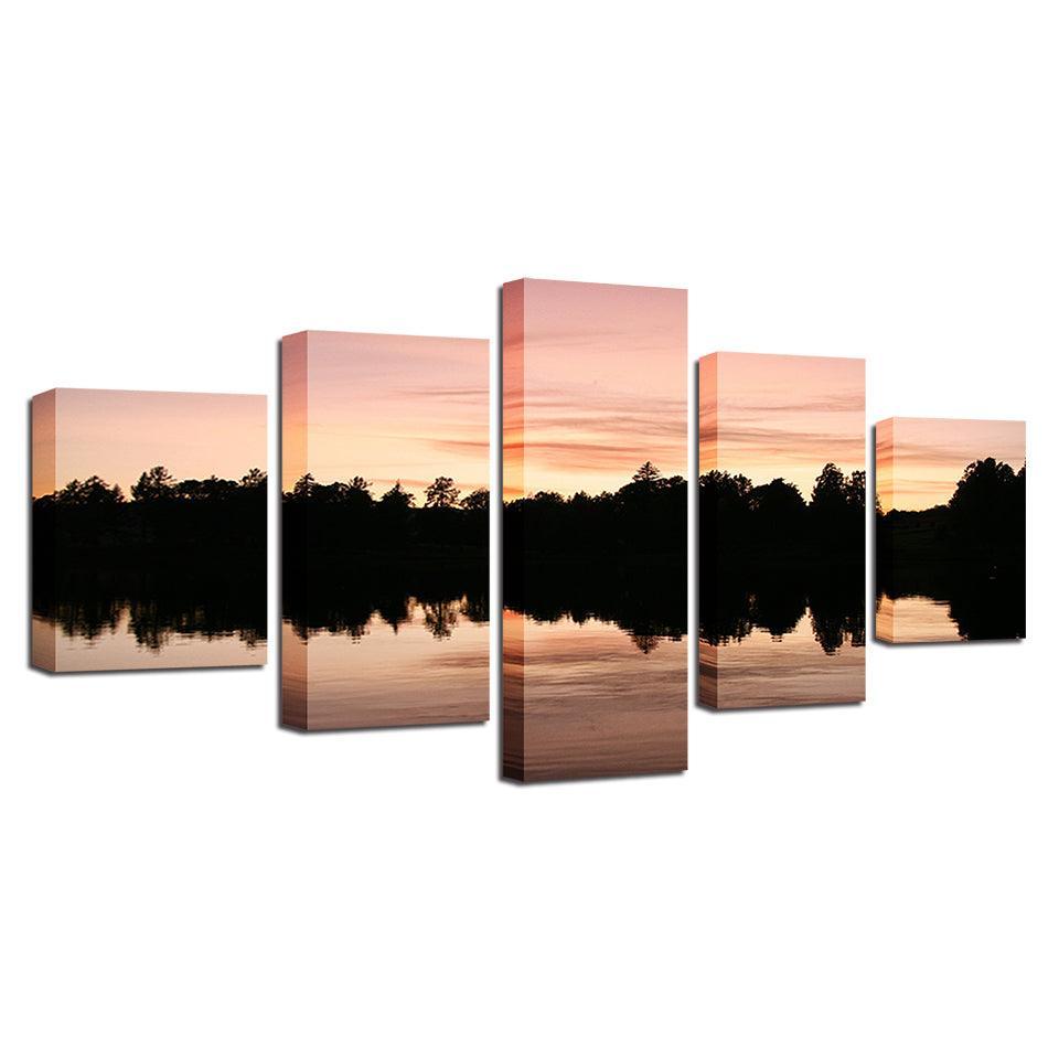 Trees Reflected In The Lake 5 Piece HD Multi Panel Canvas Wall Art Frame-Original Frame