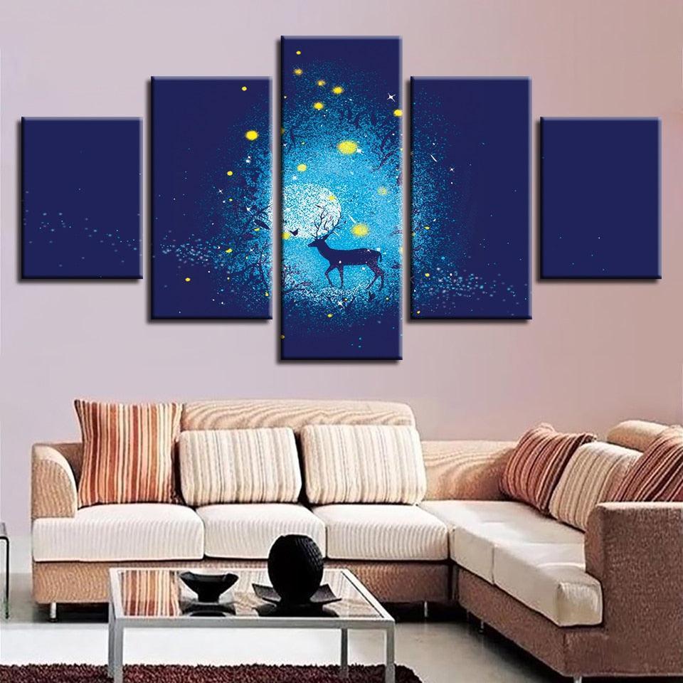 Deer And Stars 5 Piece HD Multi Panel Canvas Wall Art Frame-Original Frame
