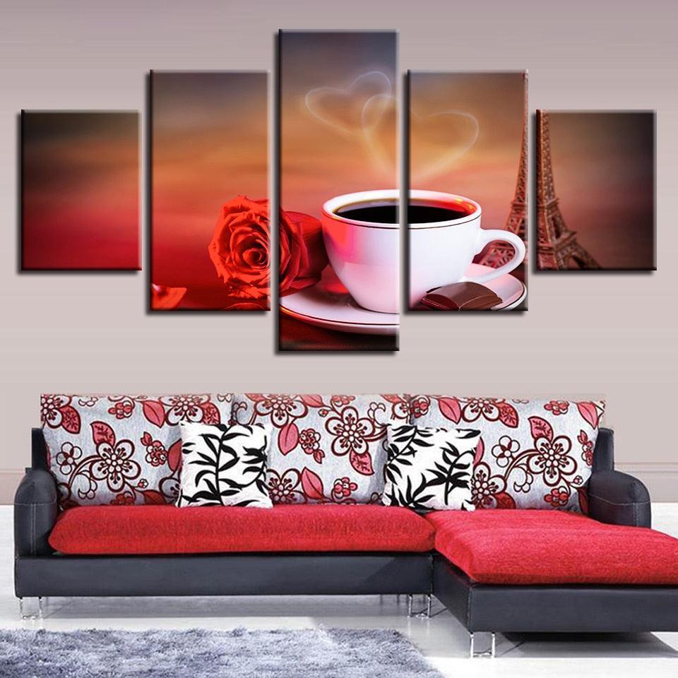 Coffee And Red Rose 5 Piece HD Multi Panel Canvas Wall Art Frame-Original Frame