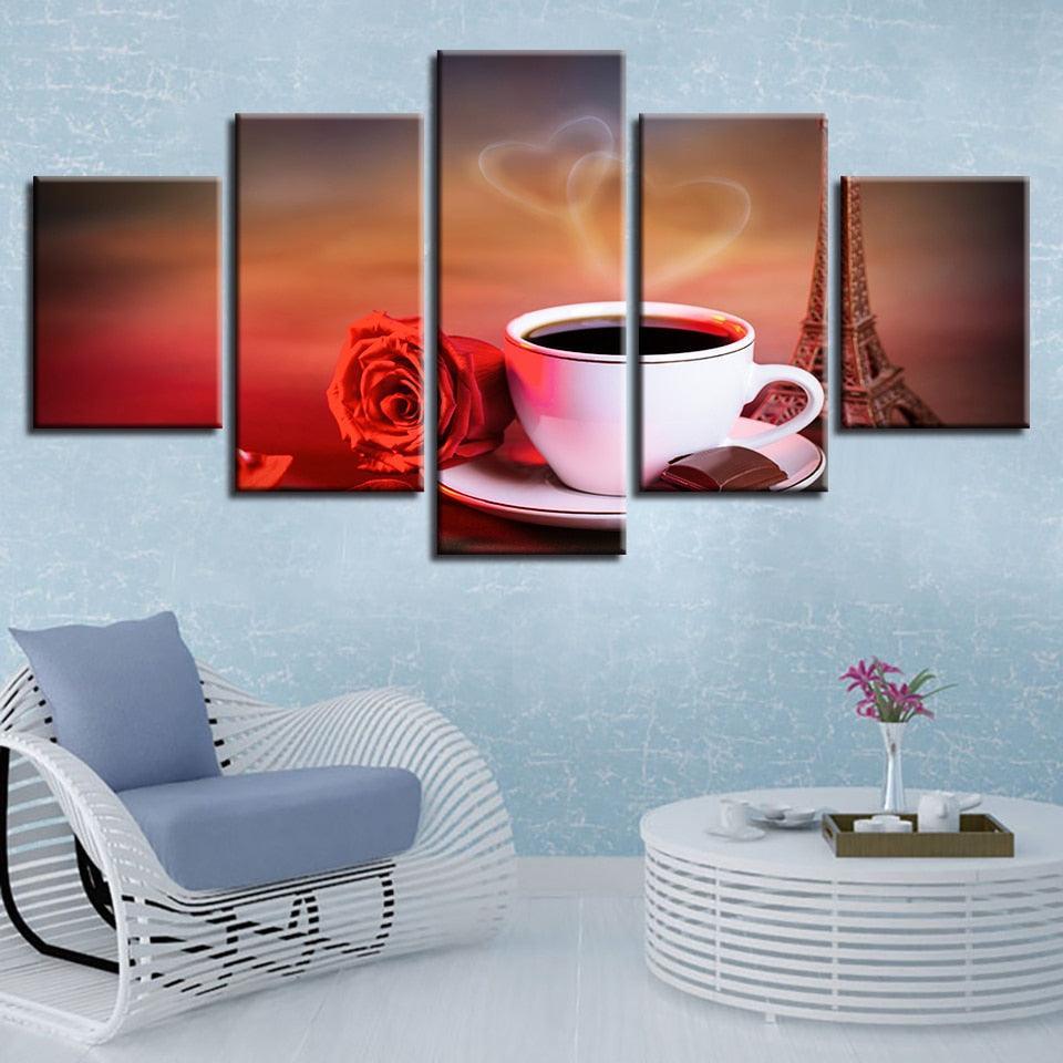 Coffee And Red Rose 5 Piece HD Multi Panel Canvas Wall Art Frame-Original Frame