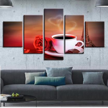 Coffee And Red Rose 5 Piece HD Multi Panel Canvas Wall Art Frame-Original Frame