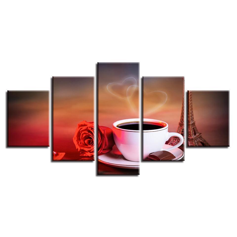 Coffee And Red Rose 5 Piece HD Multi Panel Canvas Wall Art Frame-Original Frame