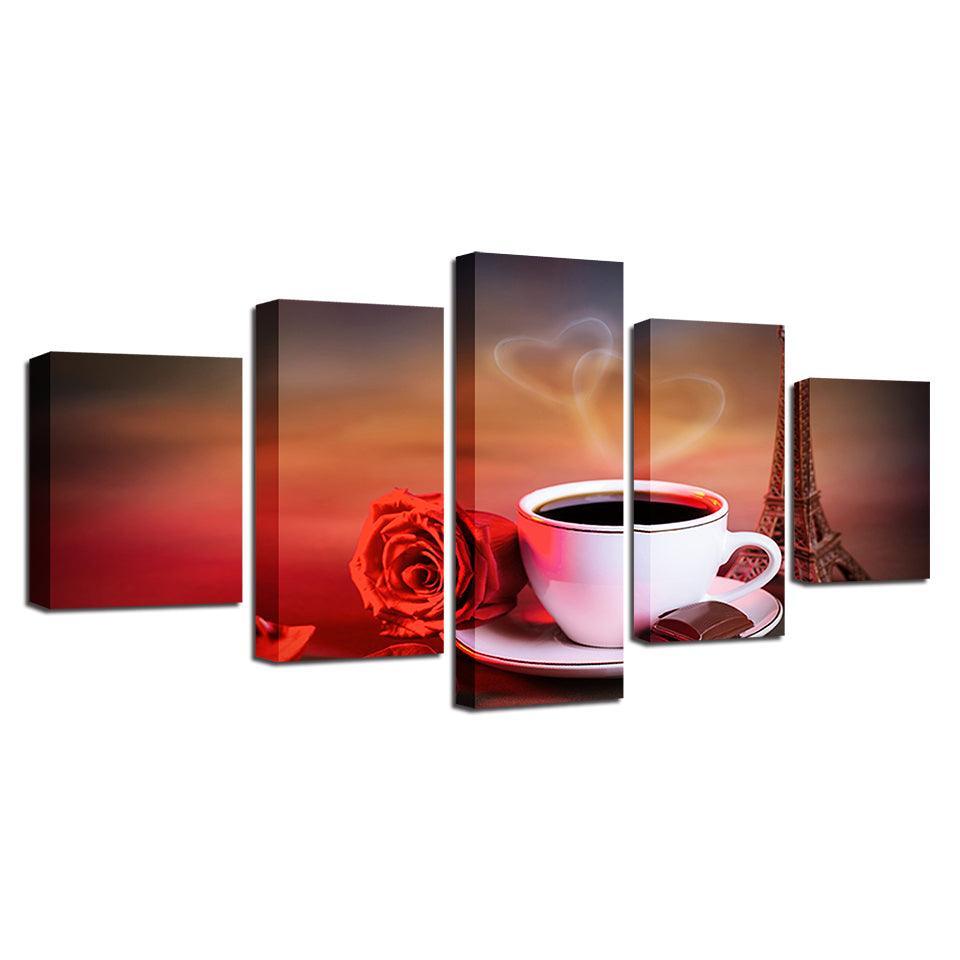 Coffee And Red Rose 5 Piece HD Multi Panel Canvas Wall Art Frame-Original Frame