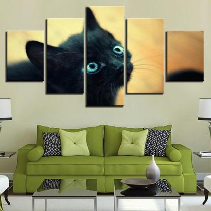 Black Cat Blue 5 Piece HD Multi Panel Canvas Wall Art Frame-Original Frame