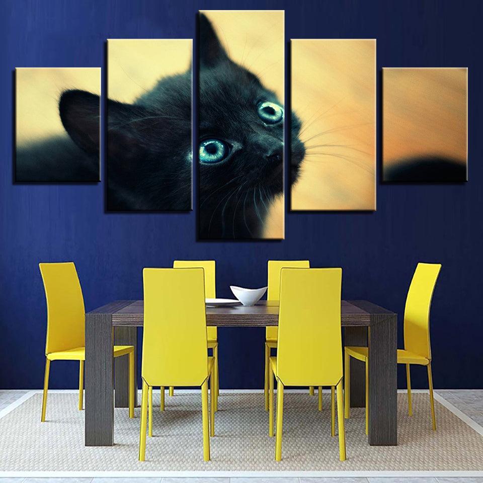 Black Cat Blue 5 Piece HD Multi Panel Canvas Wall Art Frame-Original Frame