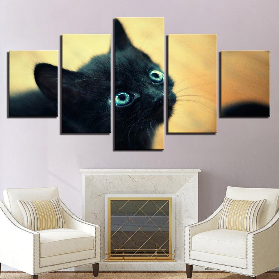 Black Cat Blue 5 Piece HD Multi Panel Canvas Wall Art Frame-Original Frame