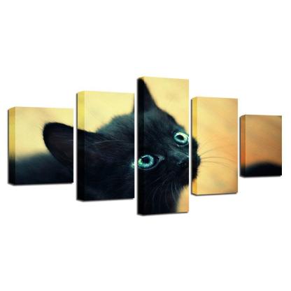 Black Cat Blue 5 Piece HD Multi Panel Canvas Wall Art Frame-Original Frame