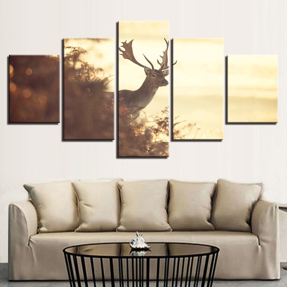 Forest Deer 5 Piece HD Multi Panel Canvas Wall Art Frame-Original Frame