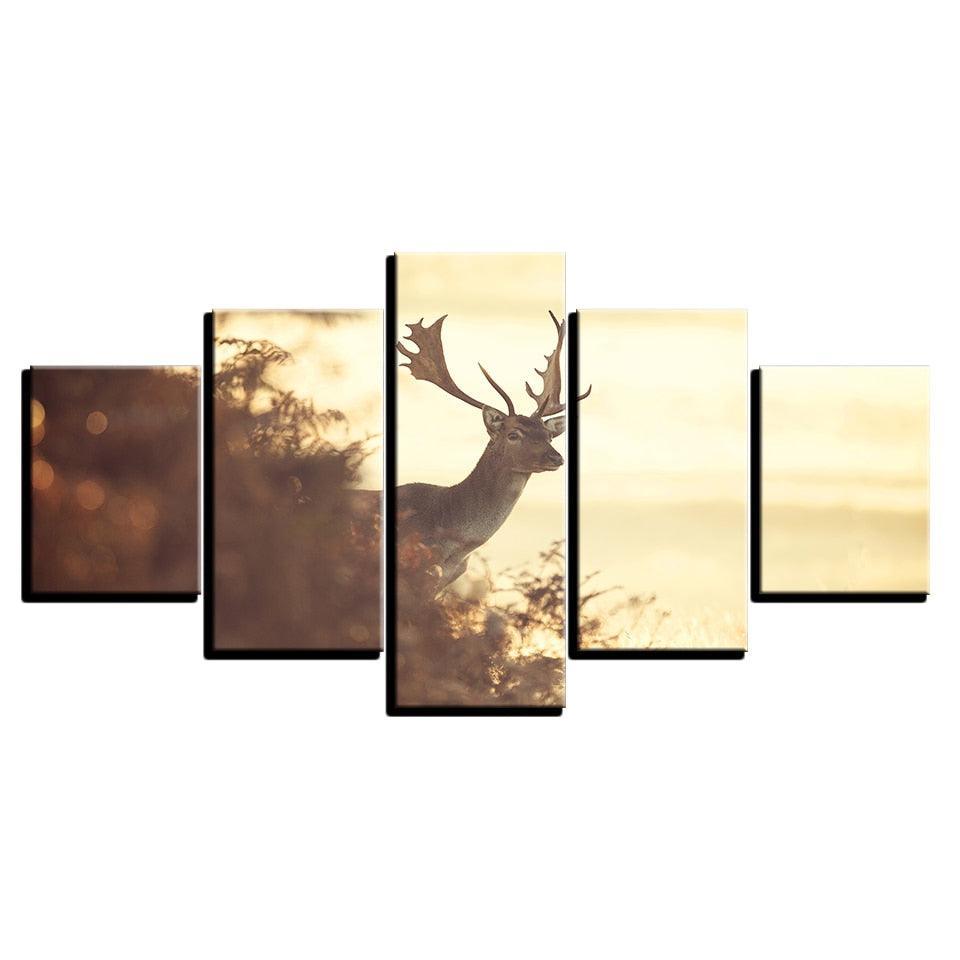 Forest Deer 5 Piece HD Multi Panel Canvas Wall Art Frame-Original Frame