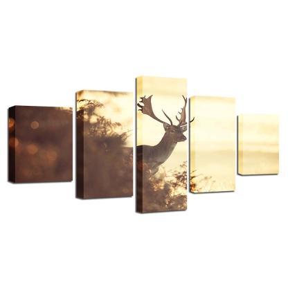 Forest Deer 5 Piece HD Multi Panel Canvas Wall Art Frame-Original Frame