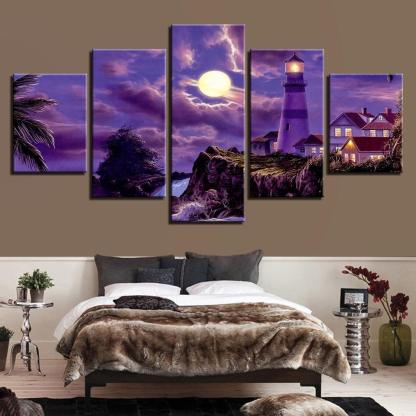 Purple Moonlit Night 5 Piece HD Multi Panel Canvas Wall Art-Original Frame