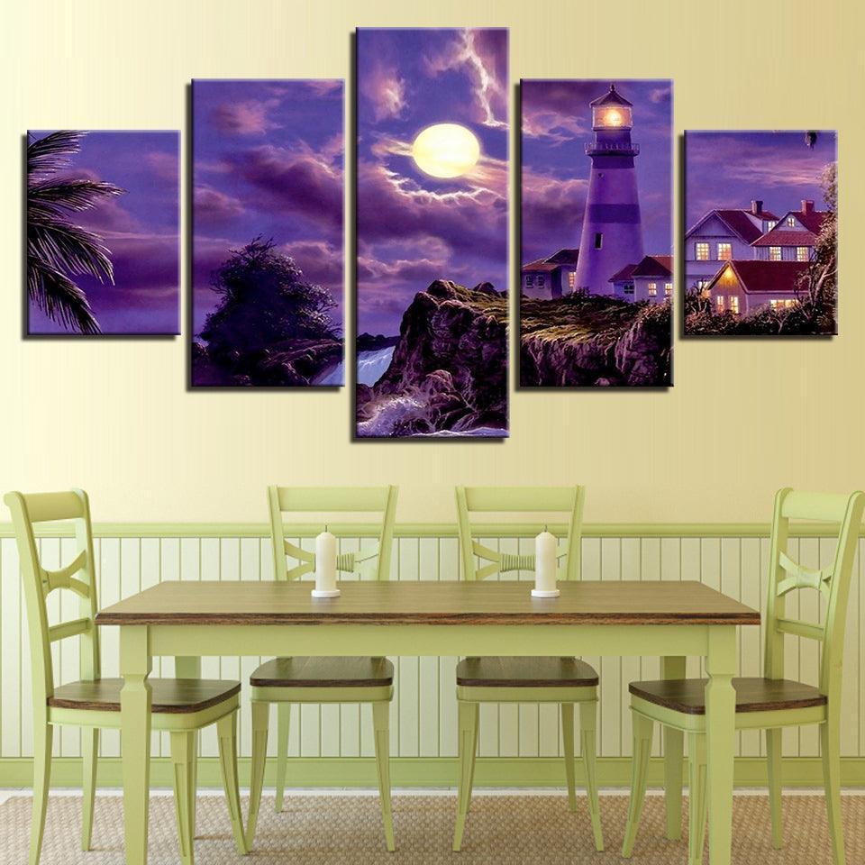 Purple Moonlit Night 5 Piece HD Multi Panel Canvas Wall Art-Original Frame