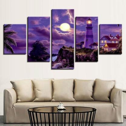 Purple Moonlit Night 5 Piece HD Multi Panel Canvas Wall Art-Original Frame
