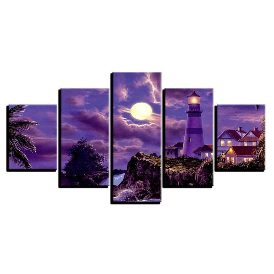 Purple Moonlit Night 5 Piece HD Multi Panel Canvas Wall Art-Original Frame
