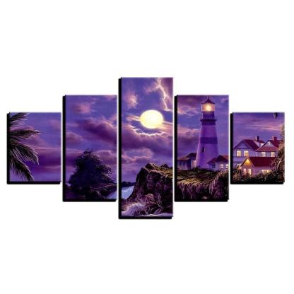 Purple Moonlit Night 5 Piece HD Multi Panel Canvas Wall Art-Original Frame