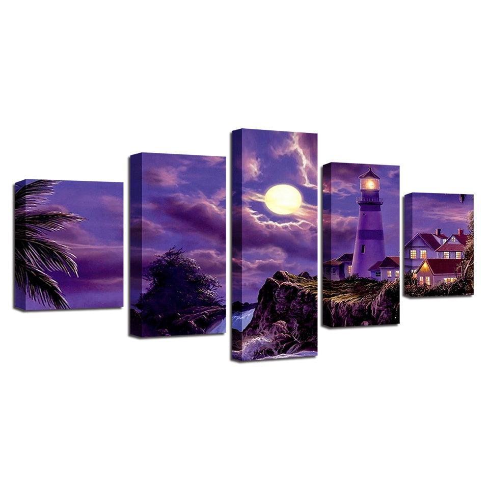 Purple Moonlit Night 5 Piece HD Multi Panel Canvas Wall Art-Original Frame