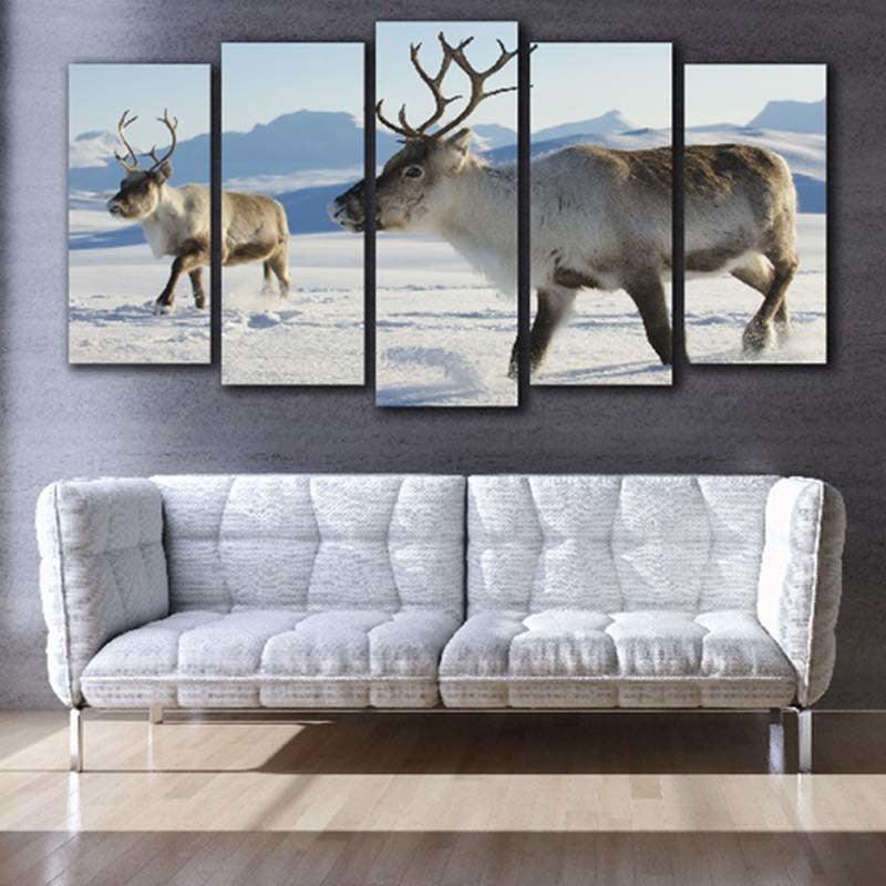 Deer in Snow 5 Piece HD Multi Panel Canvas Wall Art Frame-Original Frame