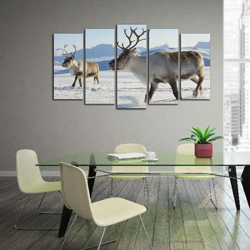 Deer in Snow 5 Piece HD Multi Panel Canvas Wall Art Frame-Original Frame
