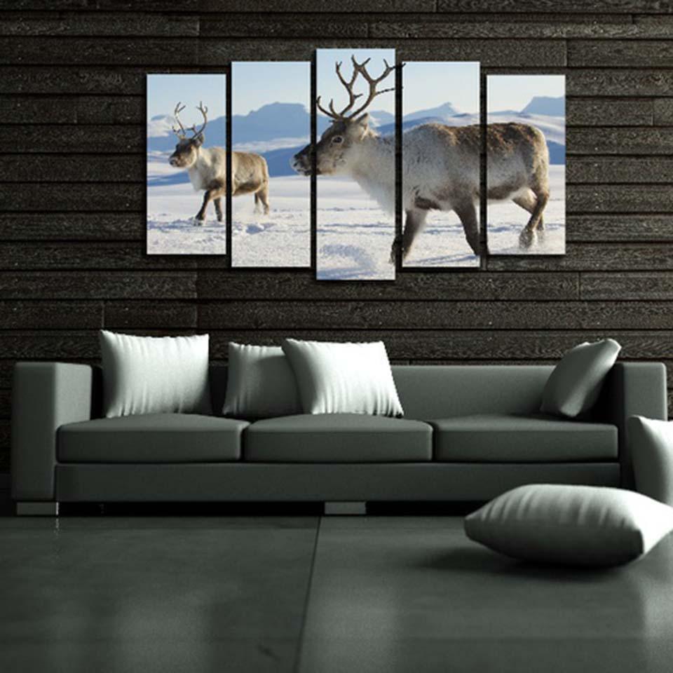 Deer in Snow 5 Piece HD Multi Panel Canvas Wall Art Frame-Original Frame