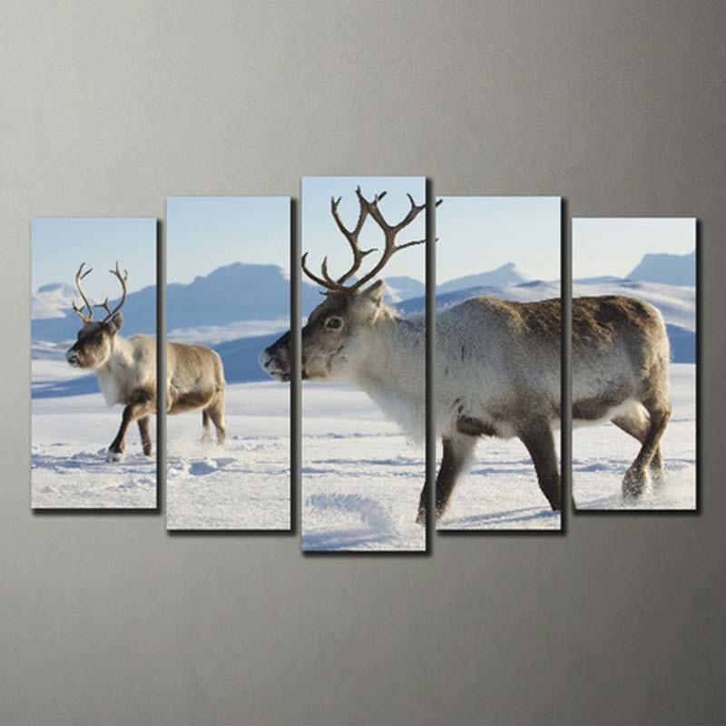 Deer in Snow 5 Piece HD Multi Panel Canvas Wall Art Frame-Original Frame