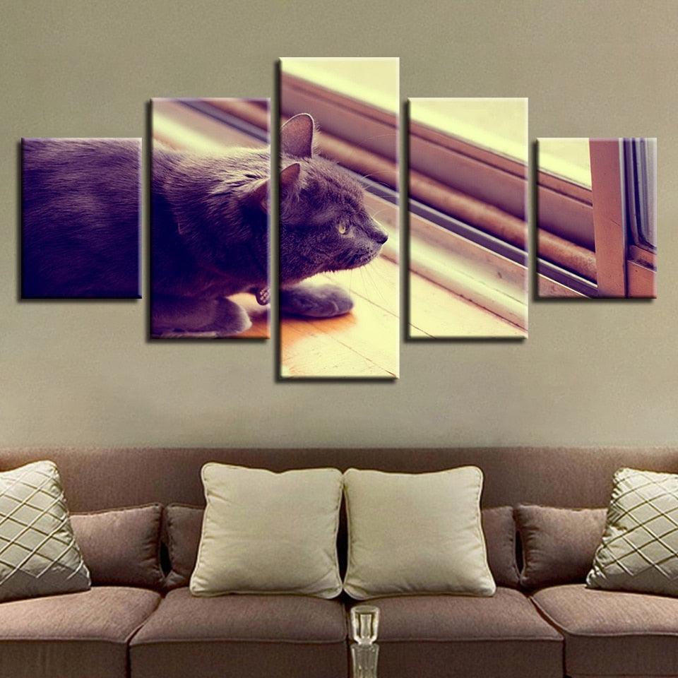 Cat on Windowsill Home Decor 5 Piece HD Multi Panel Canvas Wall Art Frame-Original Frame