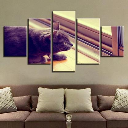 Cat on Windowsill Home Decor 5 Piece HD Multi Panel Canvas Wall Art Frame-Original Frame