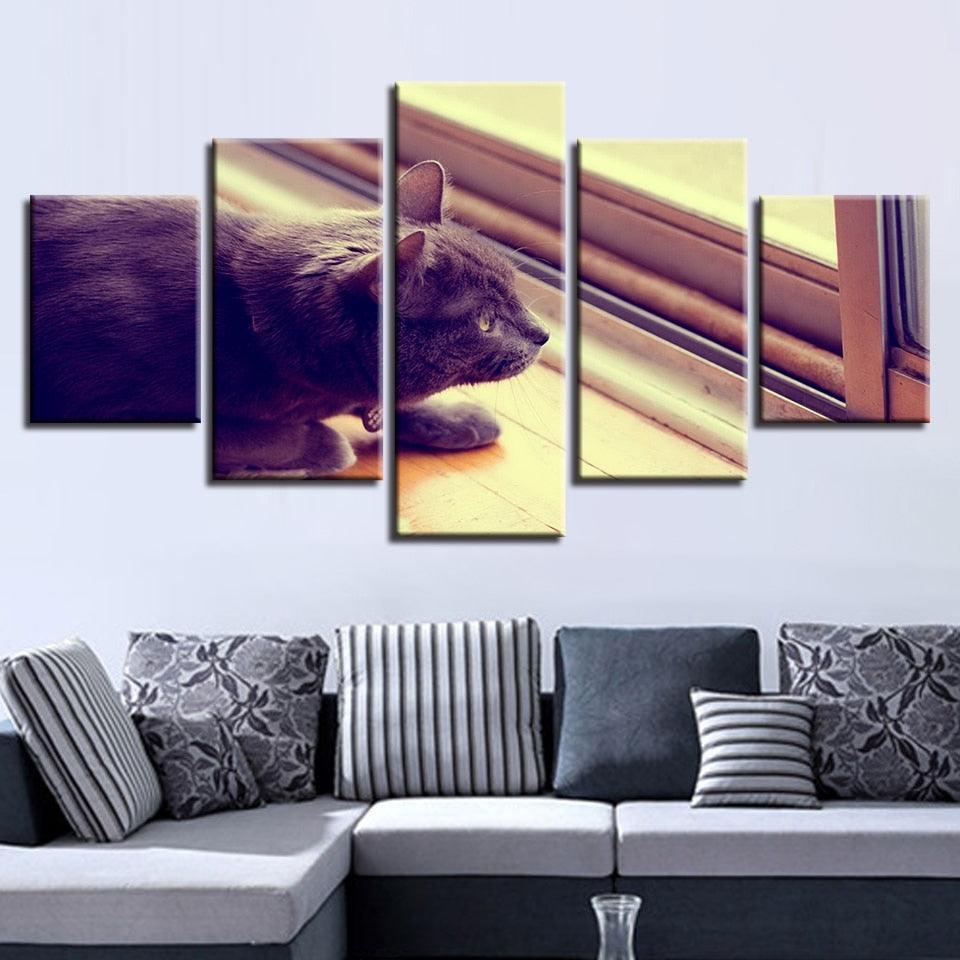 Cat on Windowsill Home Decor 5 Piece HD Multi Panel Canvas Wall Art Frame-Original Frame