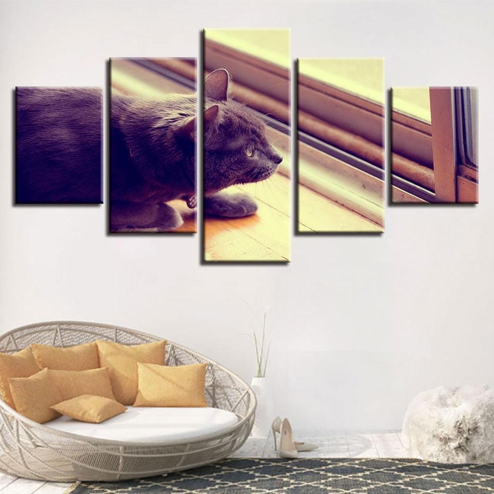 Cat on Windowsill Home Decor 5 Piece HD Multi Panel Canvas Wall Art Frame-Original Frame