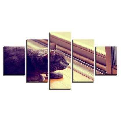 Cat on Windowsill Home Decor 5 Piece HD Multi Panel Canvas Wall Art Frame-Original Frame