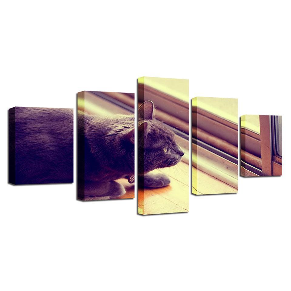 Cat on Windowsill Home Decor 5 Piece HD Multi Panel Canvas Wall Art Frame-Original Frame