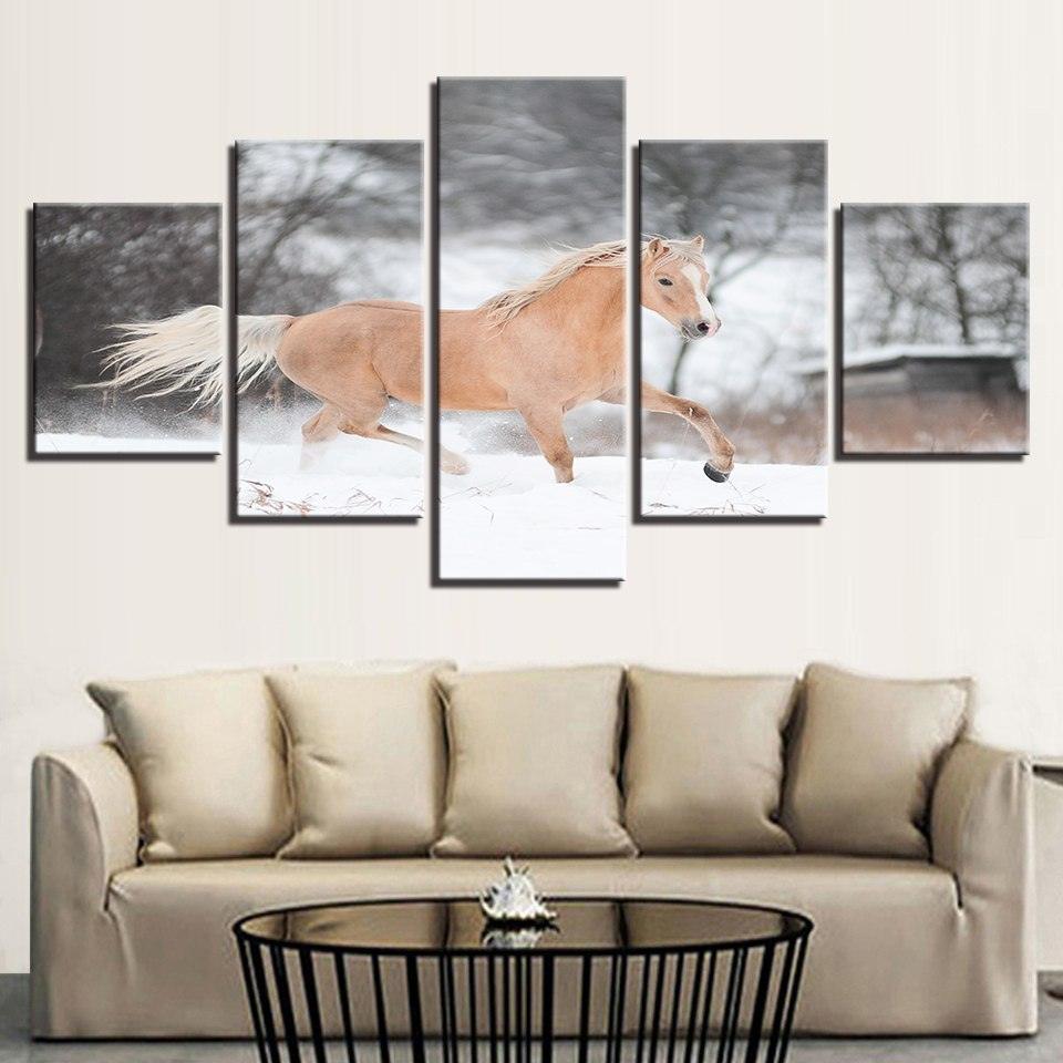Horse Running 5 Piece HD Multi Panel Canvas Wall Art Frame-Original Frame