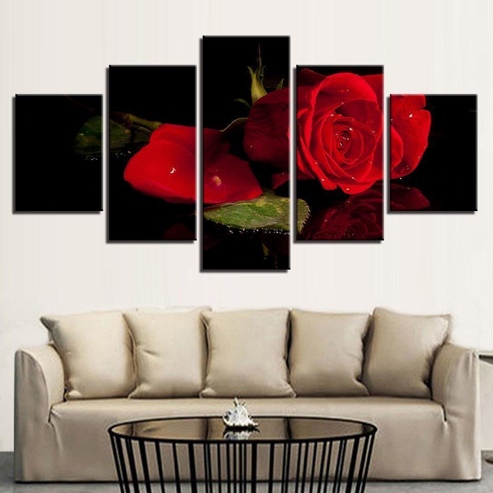 Beautiful Red Roses 5 Piece HD Multi Panel Canvas Wall Art Frame-Original Frame