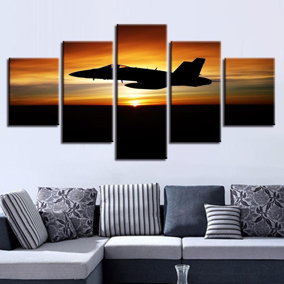 Airplane & Sunset 5 Piece HD Multi Panel Canvas Wall Art Frame-Original Frame