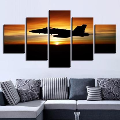Airplane & Sunset 5 Piece HD Multi Panel Canvas Wall Art Frame-Original Frame