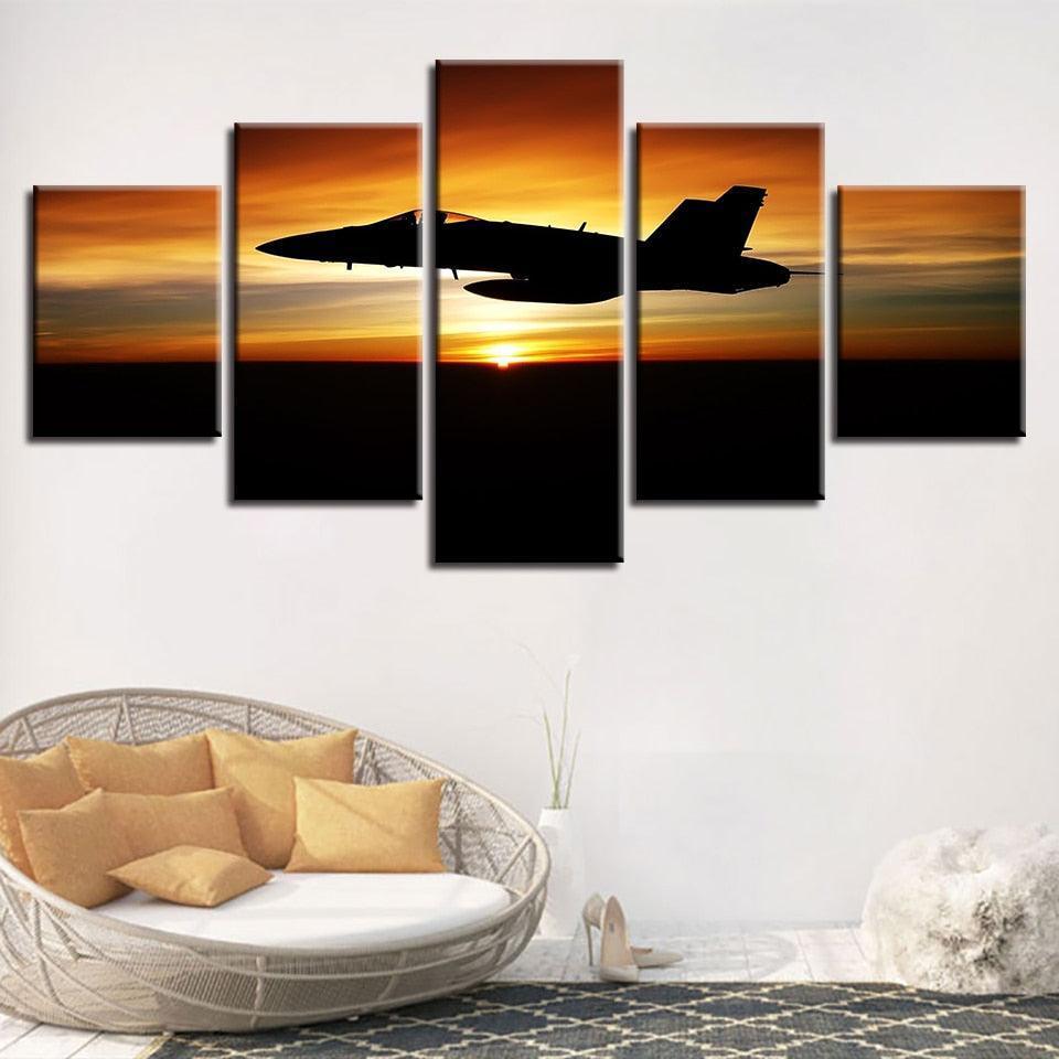 Airplane & Sunset 5 Piece HD Multi Panel Canvas Wall Art Frame-Original Frame