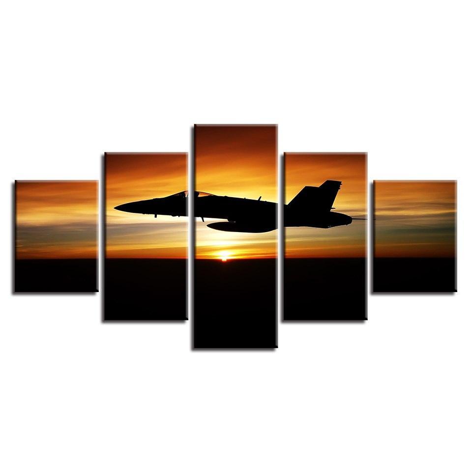Airplane & Sunset 5 Piece HD Multi Panel Canvas Wall Art Frame-Original Frame