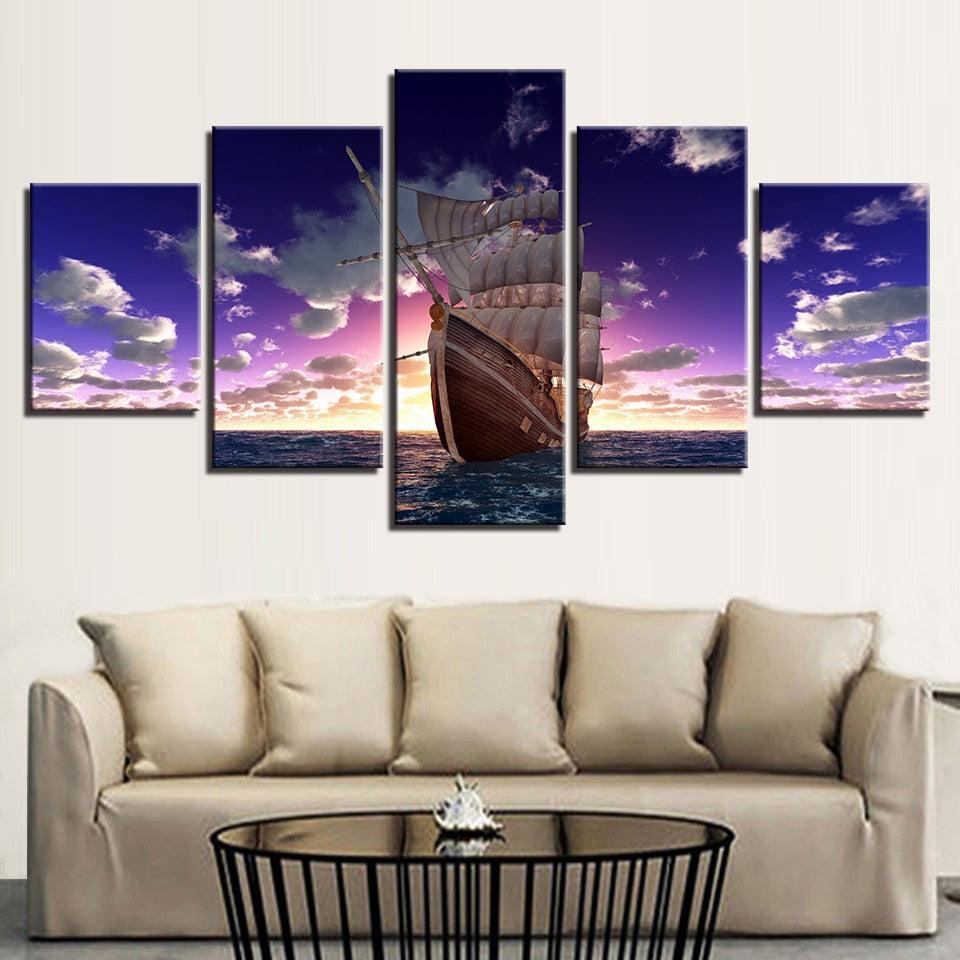 Sailboat Sunset 5 Piece HD Multi Panel Canvas Wall Art Frame-Original Frame