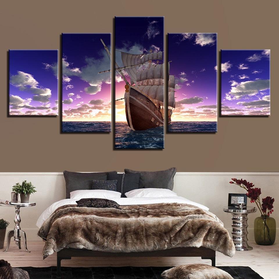 Sailboat Sunset 5 Piece HD Multi Panel Canvas Wall Art Frame-Original Frame