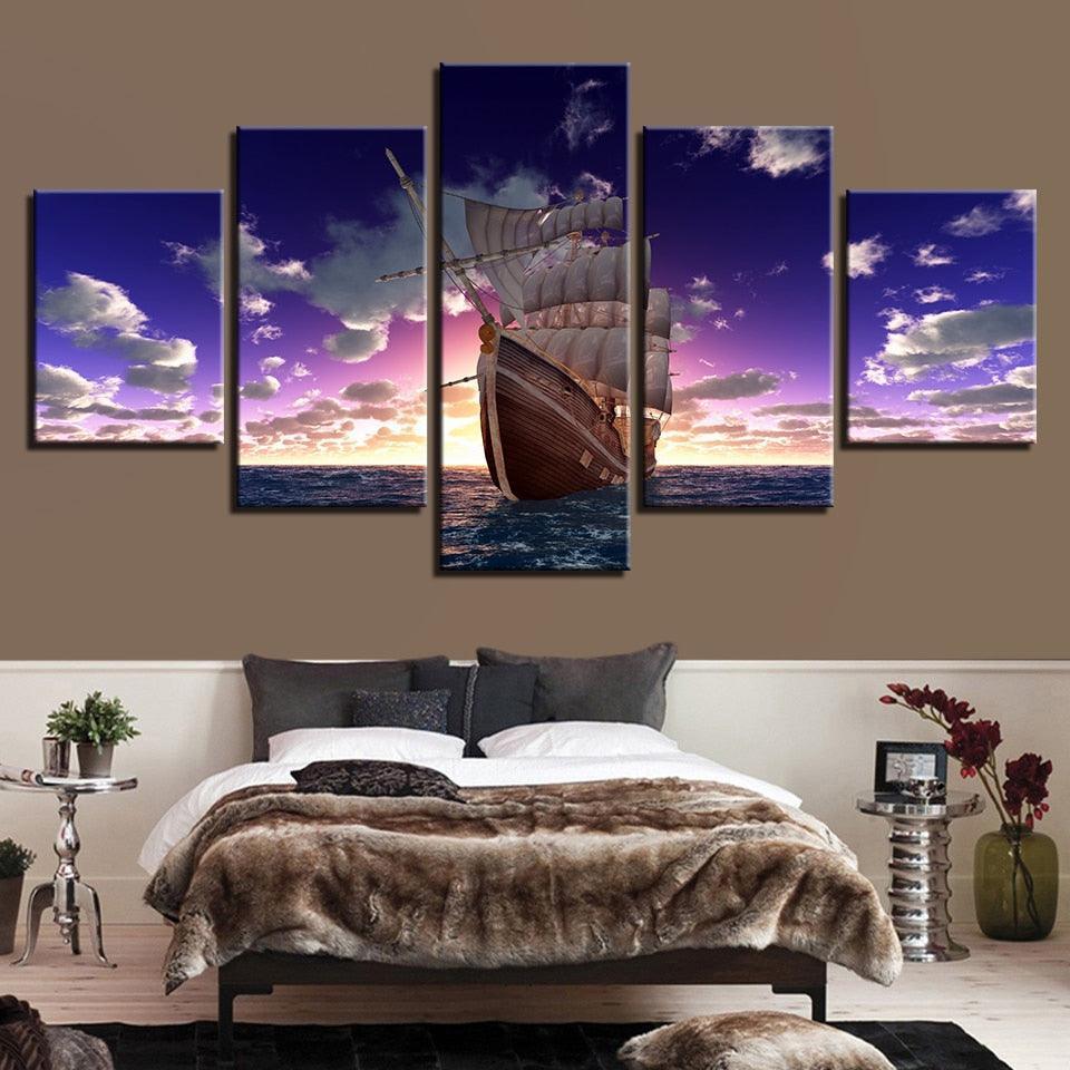 Sailboat Sunset 5 Piece HD Multi Panel Canvas Wall Art Frame-Original Frame