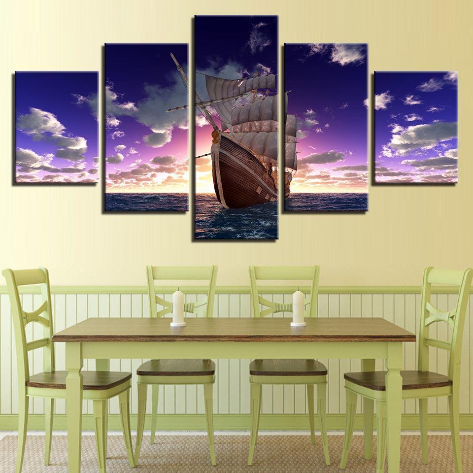 Sailboat Sunset 5 Piece HD Multi Panel Canvas Wall Art Frame-Original Frame