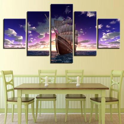 Sailboat Sunset 5 Piece HD Multi Panel Canvas Wall Art Frame-Original Frame