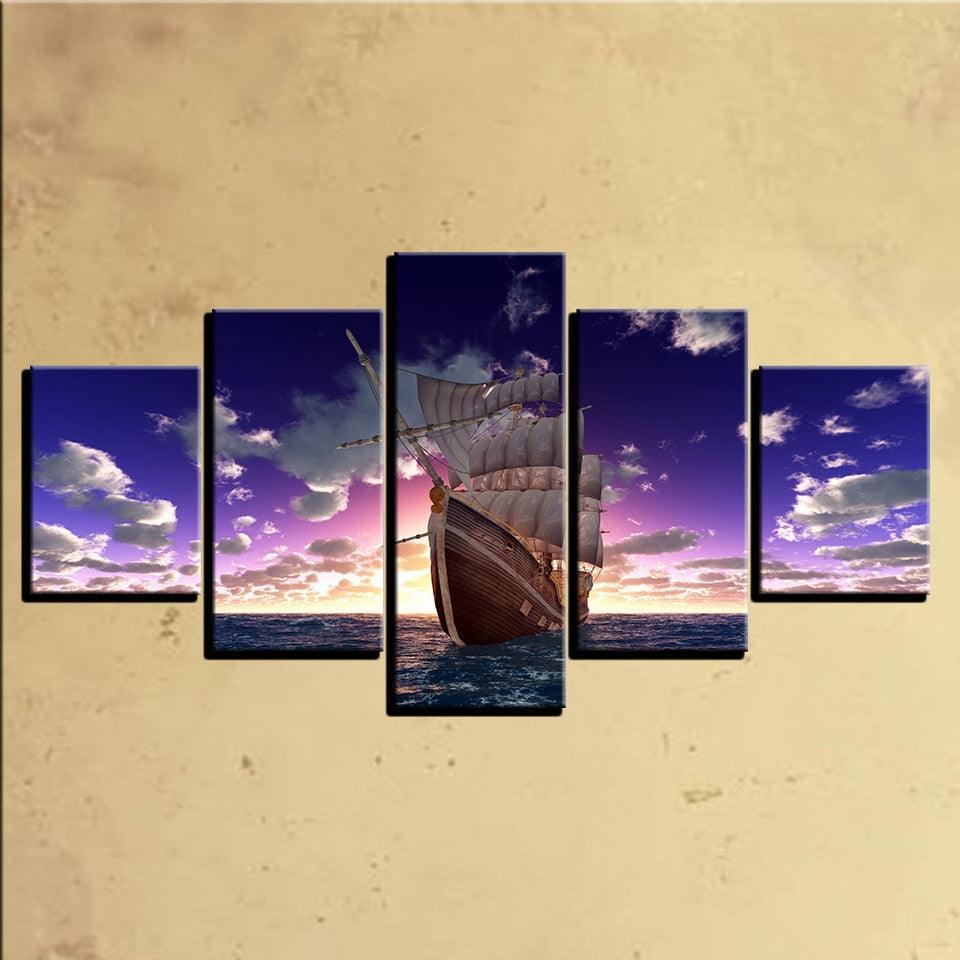 Sailboat Sunset 5 Piece HD Multi Panel Canvas Wall Art Frame-Original Frame