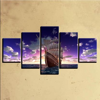 Sailboat Sunset 5 Piece HD Multi Panel Canvas Wall Art Frame-Original Frame