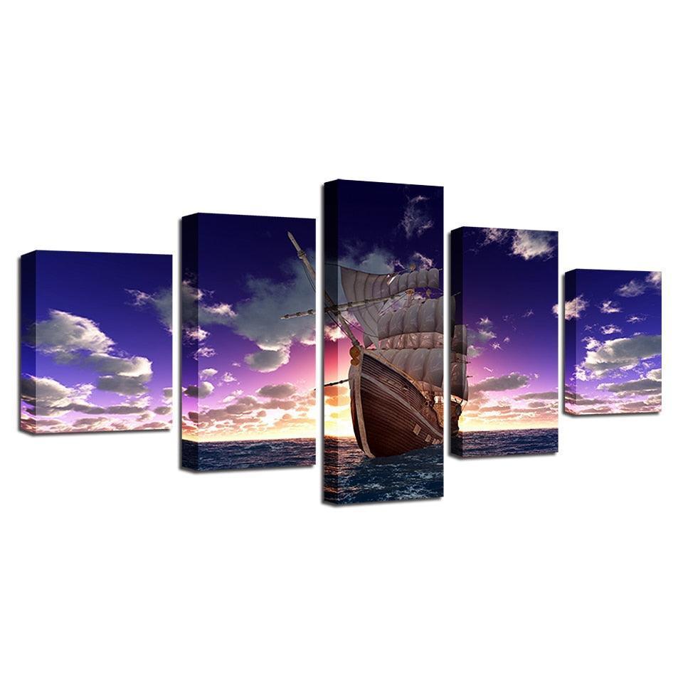 Sailboat Sunset 5 Piece HD Multi Panel Canvas Wall Art Frame-Original Frame
