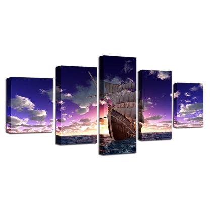 Sailboat Sunset 5 Piece HD Multi Panel Canvas Wall Art Frame-Original Frame