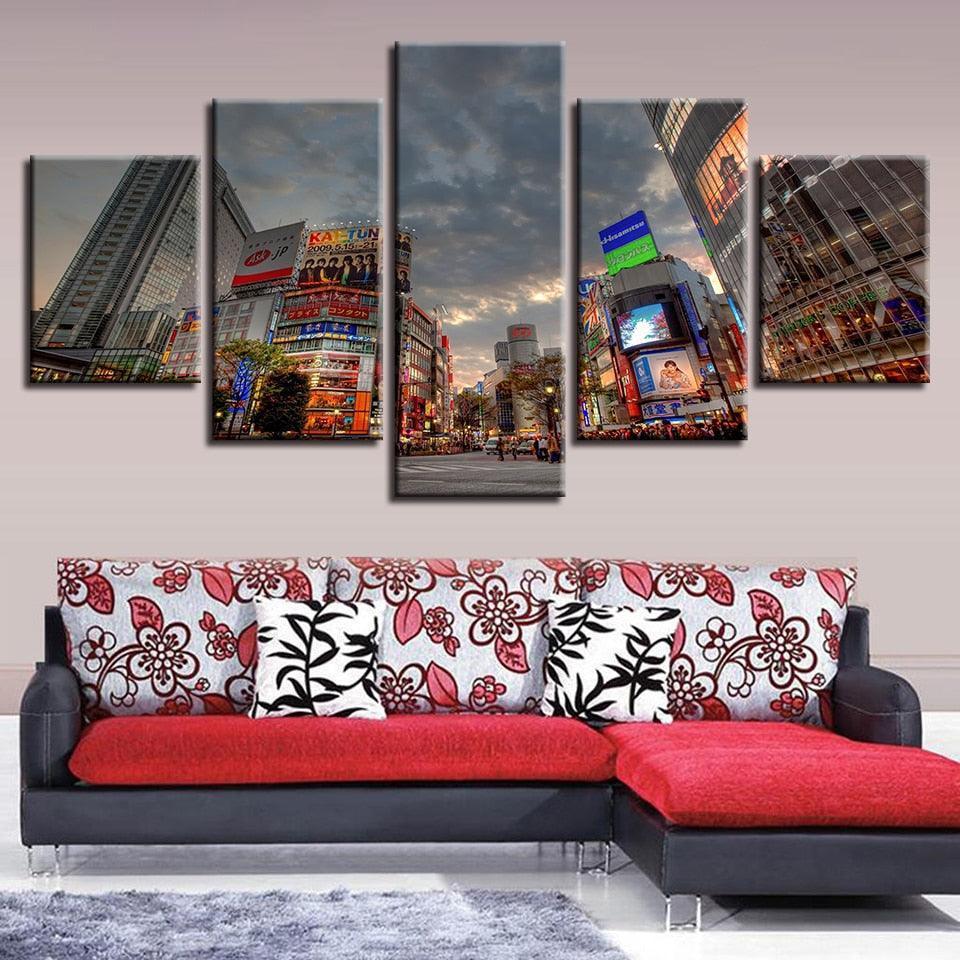 Japan Tokyo City 5 Piece HD Multi Panel Canvas Wall Art Frame-Original Frame