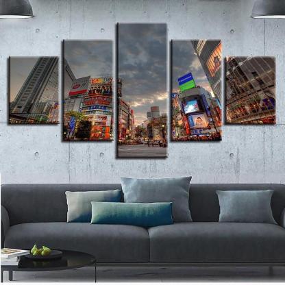 Japan Tokyo City 5 Piece HD Multi Panel Canvas Wall Art Frame-Original Frame