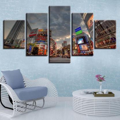 Japan Tokyo City 5 Piece HD Multi Panel Canvas Wall Art Frame-Original Frame